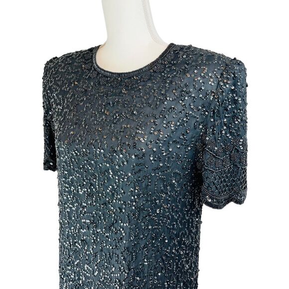Vintage LAURENCE KAZAR Black Fully Beaded Shift Dress Short Sleeve Silk Art Deco - Picture 6 of 16